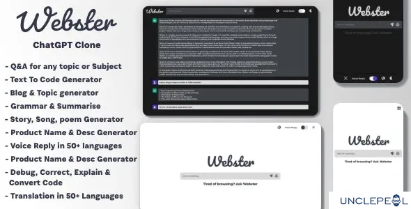 Webster - ChatGPT Clone Text to Code Q&A Blog Generator Summaries Translate SEO Page Builder 1.0