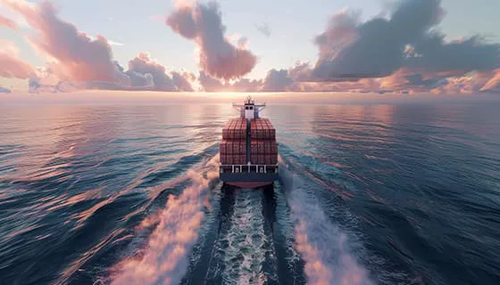 夕阳下一艘装满货物航行在大海上的货轮图片素材(JPG)五