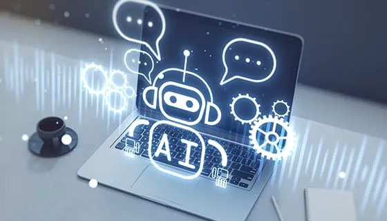 笔记本电脑桌上的全息AI机器人图片素材(JPG)