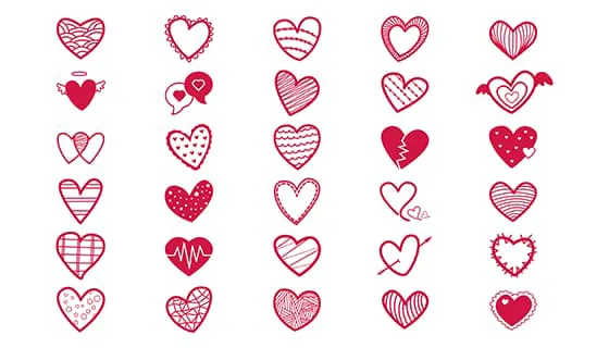 30个手绘涂鸦风格的爱心矢量素材(EPS)