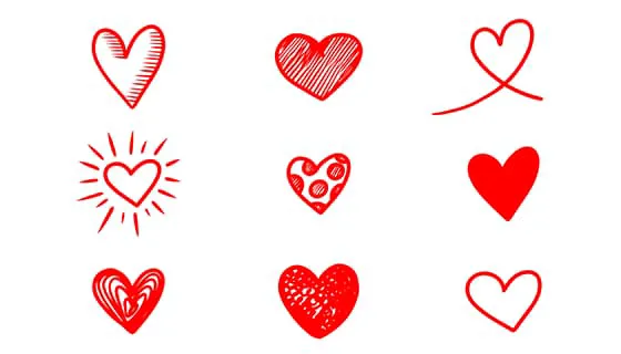 九个手绘涂鸦风格的红色爱心矢量素材(EPS)