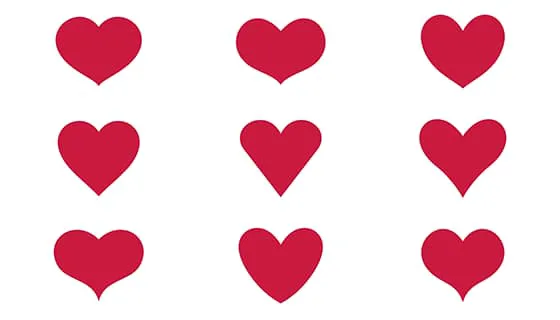 九个不同形状的红色爱心矢量素材(EPS)