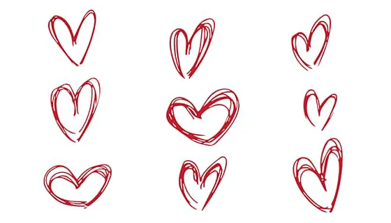 九个手绘涂鸦风格的爱心矢量素材(EPS)