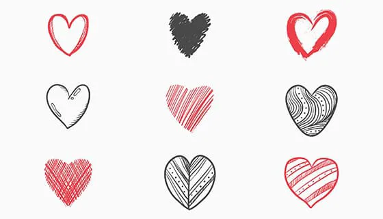 九个手绘涂鸦风格的爱心矢量素材(AI/EPS)