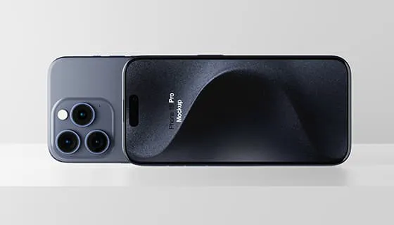 横着放的蓝色钛金属 iPhone 15 Pro Max 手机素材(PSD)