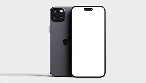 白色桌面壁纸的 iPhone 15 手机模型素材(PSD)