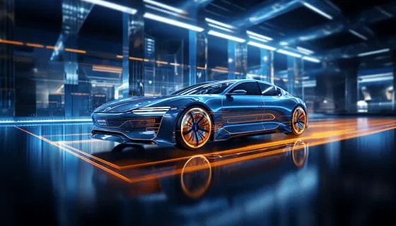 带有橙色光效的蓝色跑车图片素材(JPG)