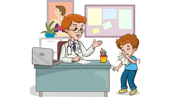 一位打喷嚏的小男孩来找医生就诊矢量素材(EPS)