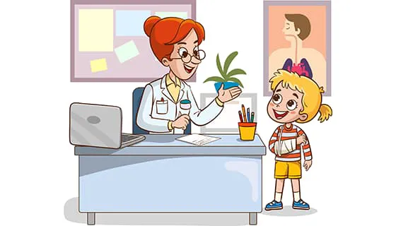 医生阿姨正在和手臂骨折的小女孩交谈矢量素材(EPS)