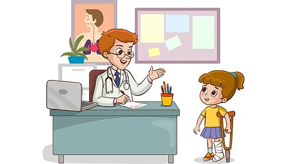 一位医生在和腿受伤的小女孩交谈矢量素材(EPS)