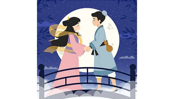 鹊桥上相会的牛郎织女设计七夕节背景/壁纸矢量素材(AI/EPS)