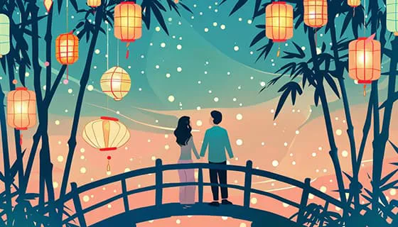 拱桥上牵手的情侣设计七夕节背景/壁纸图片素材(JPG)