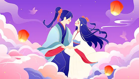 天上欢喜相会的牛郎织女七夕节背景/壁纸矢量素材(EPS)