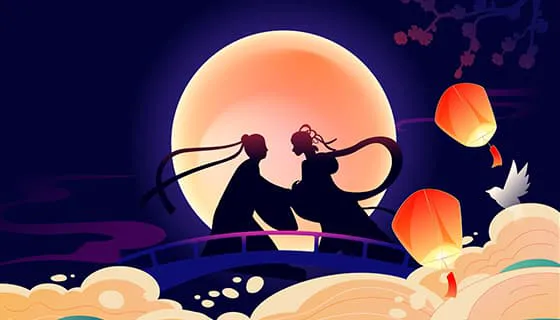 拱桥上相会的牛郎织女剪影七夕节矢量素材(EPS)