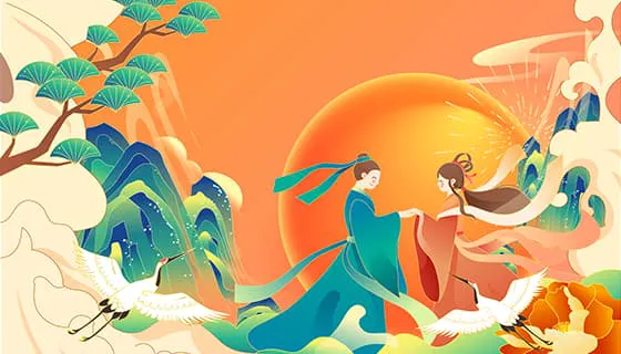 欢喜相会的牛郎织女七夕节背景/壁纸矢量素材(EPS)