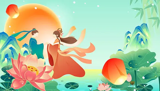 荷塘月色下相会的牛郎织女七夕节背景/壁纸矢量素材(EPS)