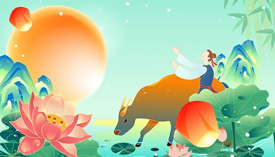 期盼与织女相会的牛郎七夕节背景/壁纸矢量素材(EPS)