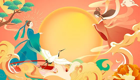 月亮上相会的牛郎织女七夕节背景/壁纸矢量素材(EPS)