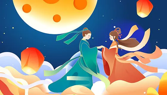 云朵上相会的牛郎织女七夕节背景/壁纸矢量素材(EPS)