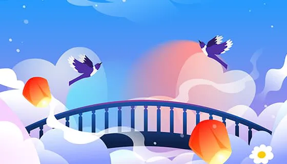 拱桥上的两只喜鹊七夕节背景/壁纸矢量素材(EPS)