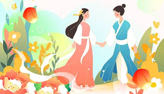 漫步在花丛中的牛郎织女七夕节背景/壁纸矢量素材(EPS)