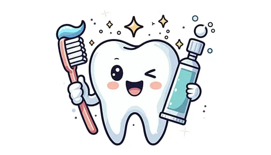 拿着牙刷和牙膏眯眼笑的牙齿矢量素材(EPS)二