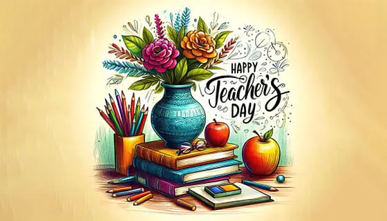 手绘花朵书本铅笔等设计教师节快乐图片素材(JPG)