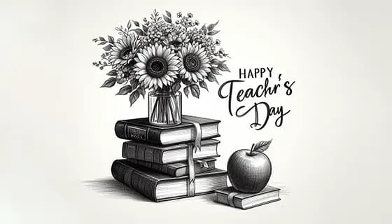 黑白风格的花朵和书本等设计教师节快乐图片素材(JPG)