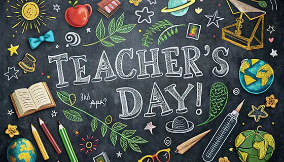 黑板上绘制各种元素设计教师节快乐图片素材(JPG)