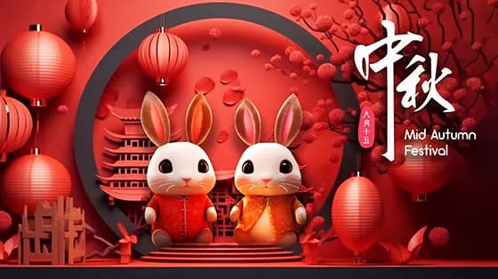 3D兔子和灯笼设计中秋节图片素材(JPG)