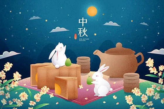 吃月饼赏月的兔子设计中秋节矢量素材(EPS)