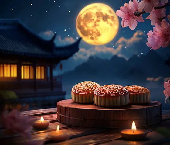 在院子里赏月吃月饼设计中秋节图片素材(JPG)