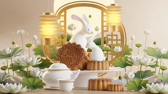 3D 风格的兔子月饼荷花设计中秋节图片素材(JPG)一