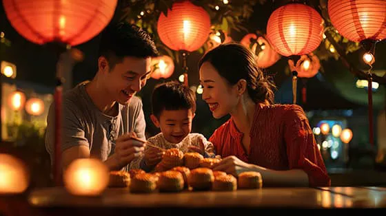 八月十五中秋之夜一家人在户外吃月饼庆祝中秋节图片素材(JPG)