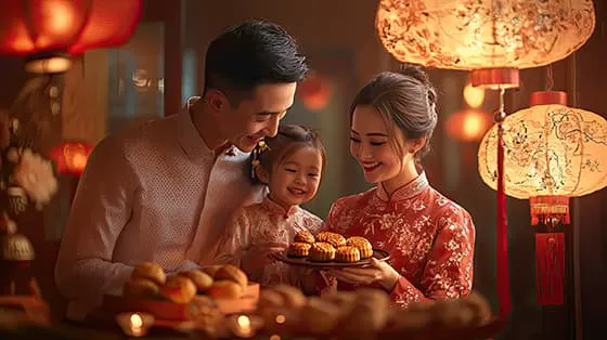 八月十五中秋之夜一家人在户外吃月饼庆祝中秋节图片素材(JPG)一