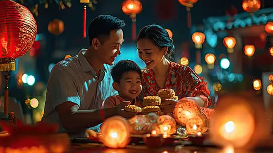 八月十五中秋之夜一家人在户外吃月饼庆祝中秋节图片素材(JPG)二