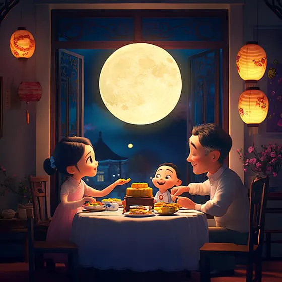 八月十五月圆之夜爸爸带着孩子们吃月饼庆祝中秋节图片素材(JPG)