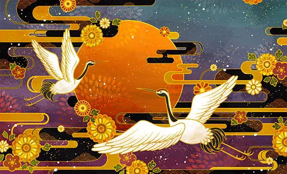 飞舞的白鹤和菊花设计重阳节背景图片矢量素材(EPS)