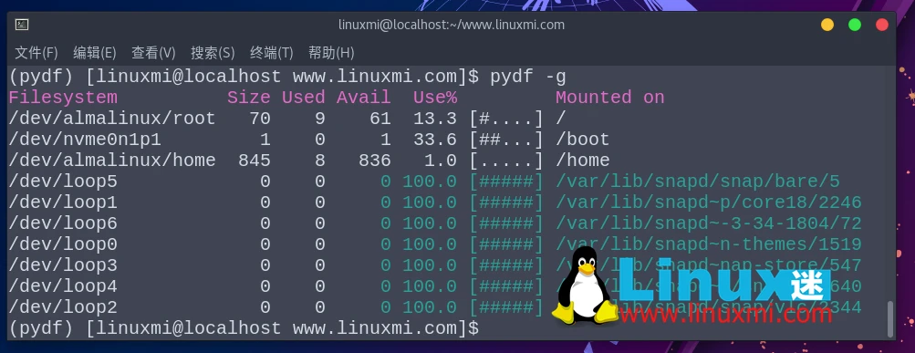 Pydf – 替代 df 的 Linux 高级命令行工具