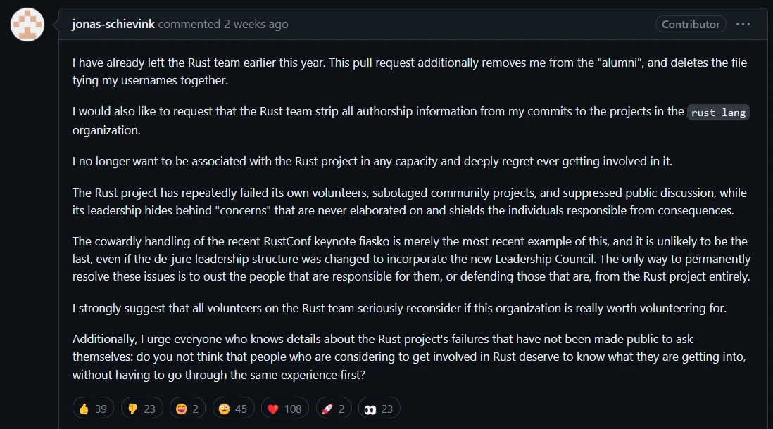 Rust 团队前成员 Jonas Schievink:对领导委员会感到失望,自愿退出并移除项目署名