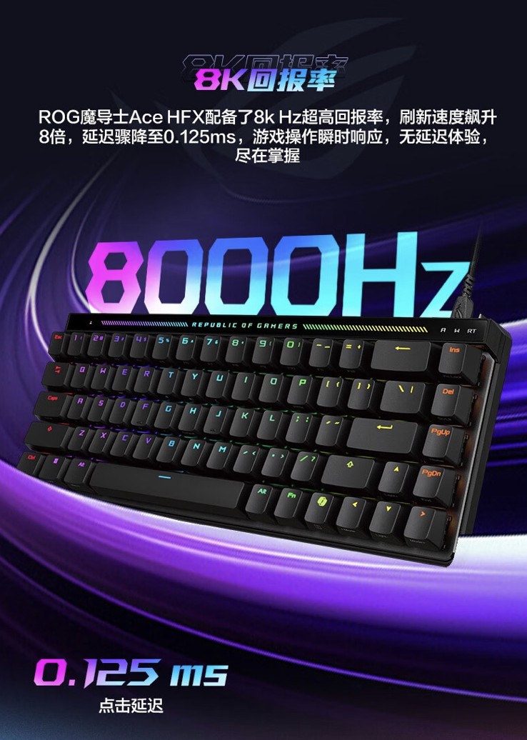 华硕 ROG 魔导士 ACE HFX 磁轴有线机械键盘上架:65% 配列、自研轴体,999 元