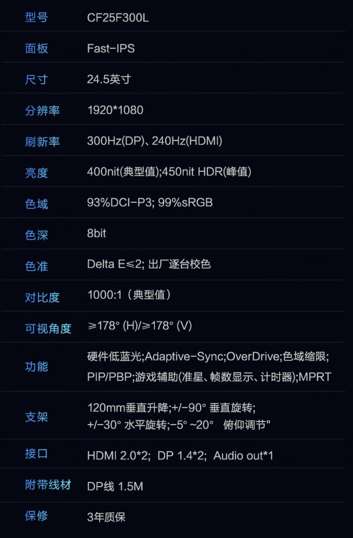 雷神推出“CF25F300L”24.5 英寸显示器：1080P 300Hz，999 元