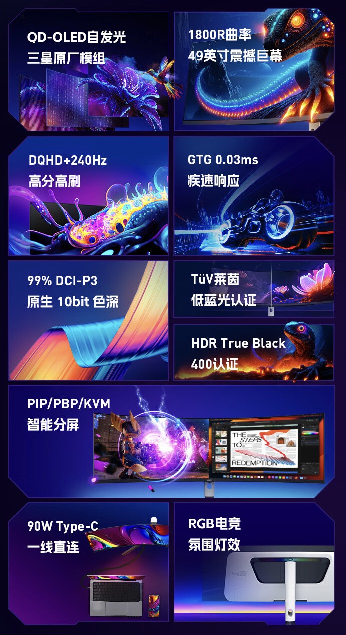 HKC“GS49UK”49 英寸带鱼屏显示器 6 月 17 日开售:双 2K 240Hz QD-OLED,6499 元
