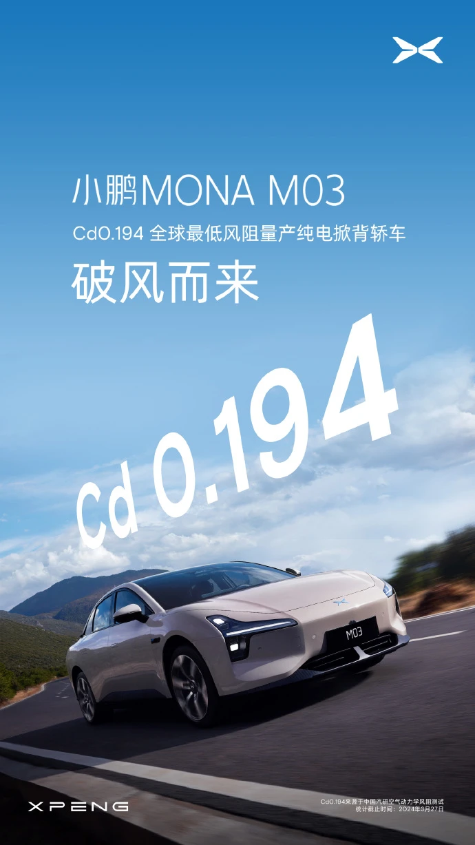 全球最低风阻量产纯电掀背轿车! 小鹏MONA M03预热,风阻系数仅0.194Cd