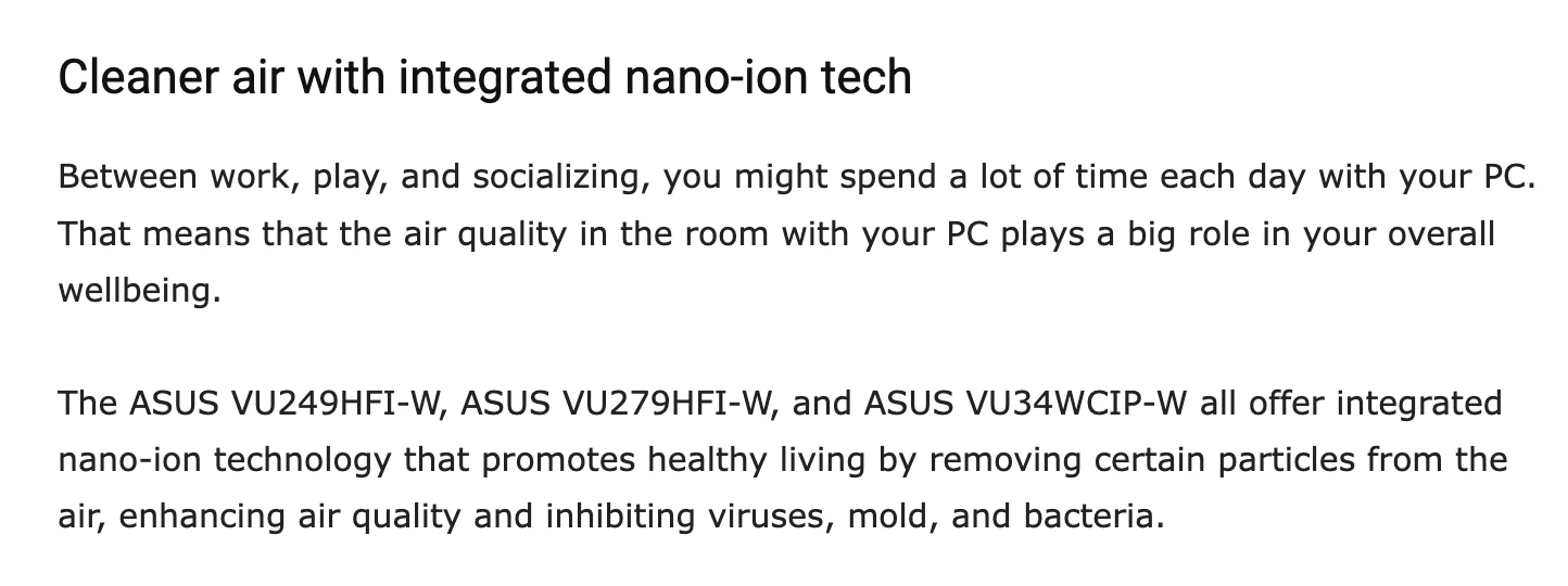集成纳米离子空气净化功能,华硕推出 23.8、27 与 34 英寸 VU 系列显示器