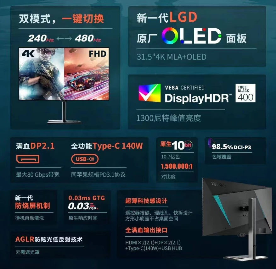4K 240Hz、FHD 480Hz 双模式,优派 31.5 英寸 OLED 显示器 XG323 国行 10999 元