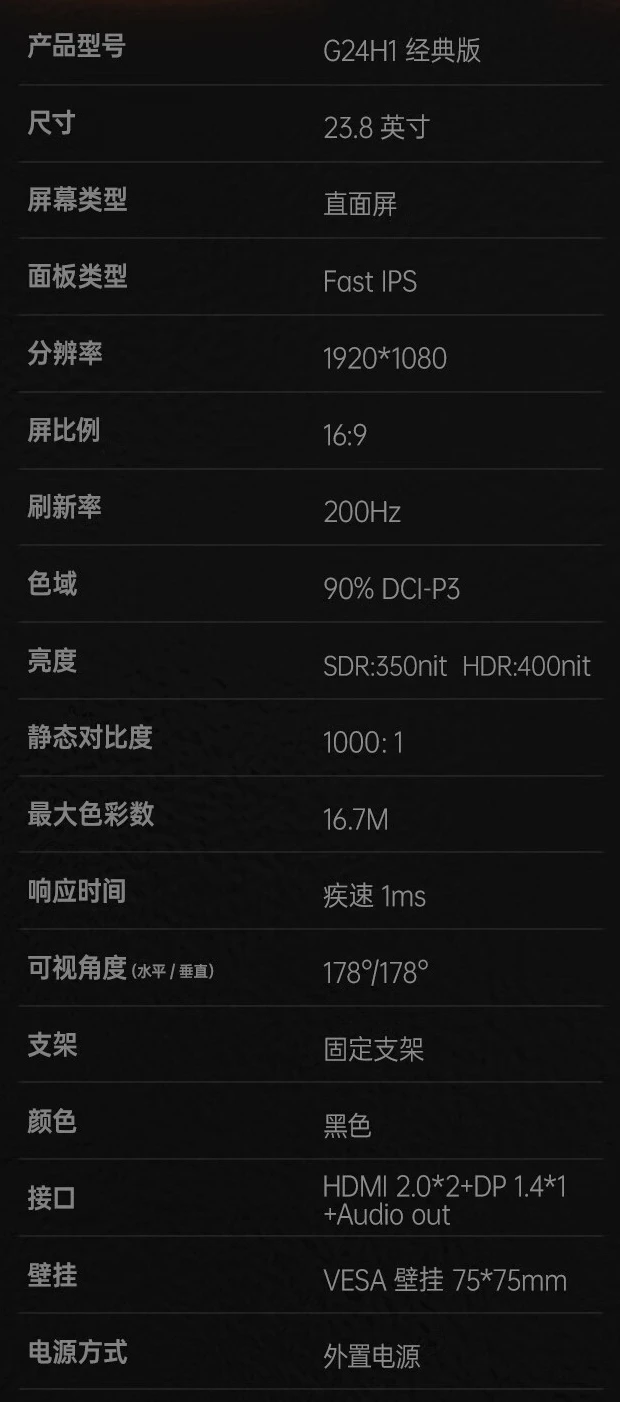 HKC“G24H1 经典版”23.8 英寸显示器开售：1080P 原生 200Hz，549 元