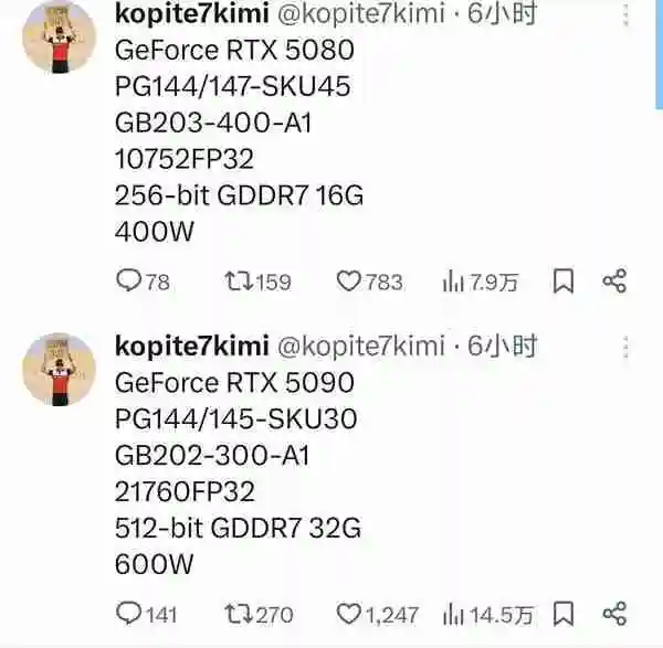  英伟达 RTX 5090/5080 规格曝光 性能差距进一步拉大 