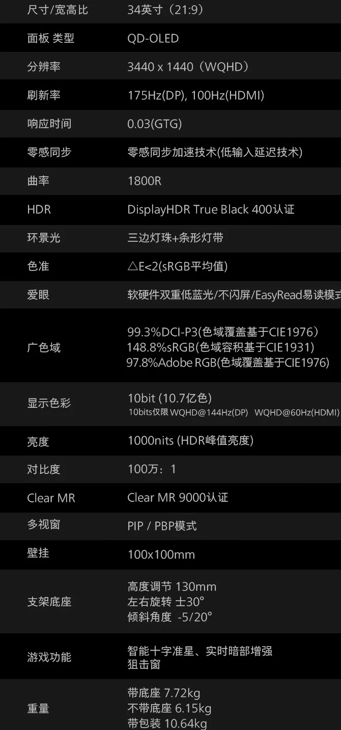 飞利浦推出“34M2C6500”34 英寸带鱼屏显示器：1440P 175Hz QD-OLED，3999 元