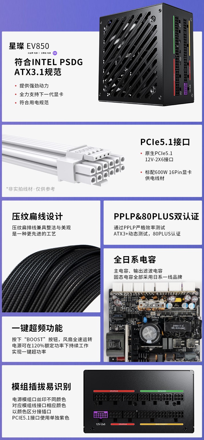 爱国者“星璨 EV”白金牌全模组电源开售：80PLUS 双认证，499 元